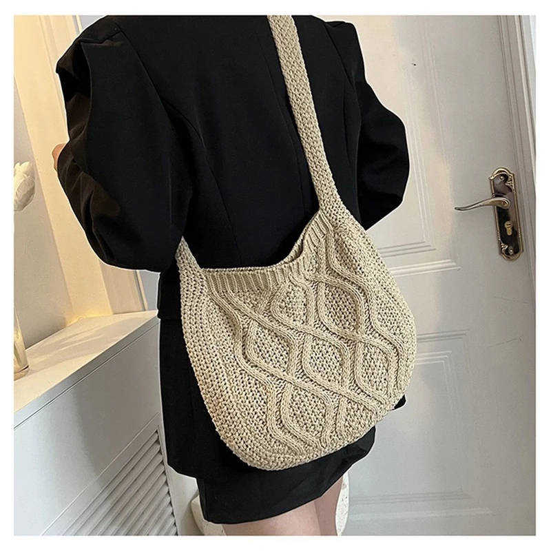 Fashion Knitted Bucket Bags for Women Large Capacity Travel Crossbody Bags Ladies Weave Casual Shopping Messenger Handbag