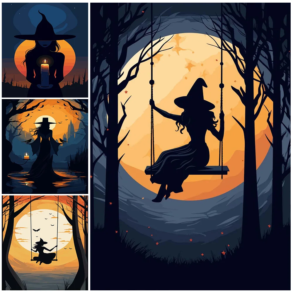 

Witch On The Swing And Full Moon Witch Wall Art Vintage Witch Canvas Painitng Witch Holding Candle Art Poster Print Home Decor