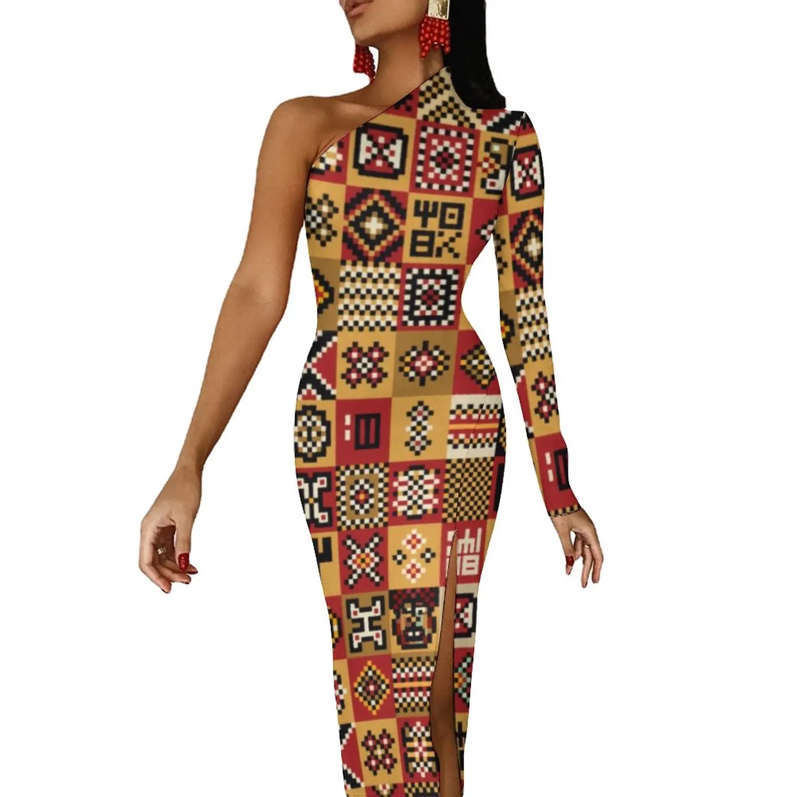 

African Abstract Bodycon Dress Womens Checkerboard Print Cute Maxi Dress Long Sleeve Aesthetic Design Dresses Birthday Present