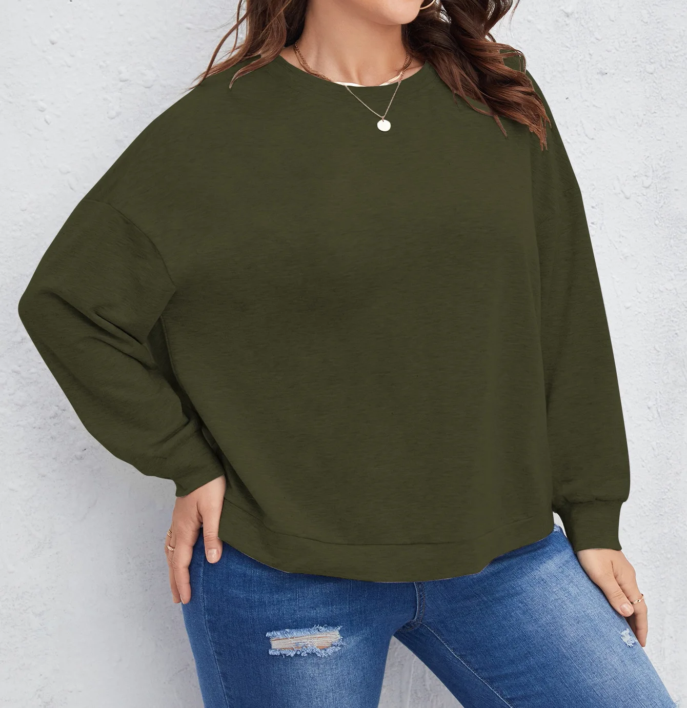 

Round collar solid colour long sleeve blouse for lady over size women's clothing