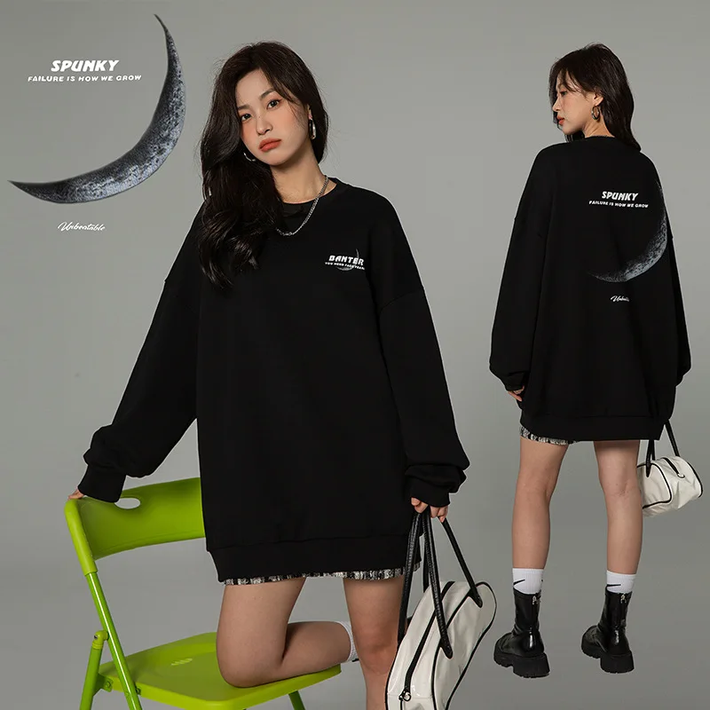 

Женская уличная одежда большого размера Y2K, осенняя новая Толстовка с принтом полумесяца, одежда для девушек и женщин 2000