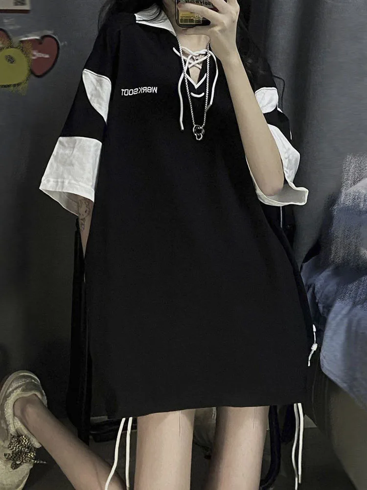 

Harajuku Polo Collar T-shirt Women Streetwear Japanese Style Short Sleeve Tees Black Tops Clothes Female Graphic t-shirts