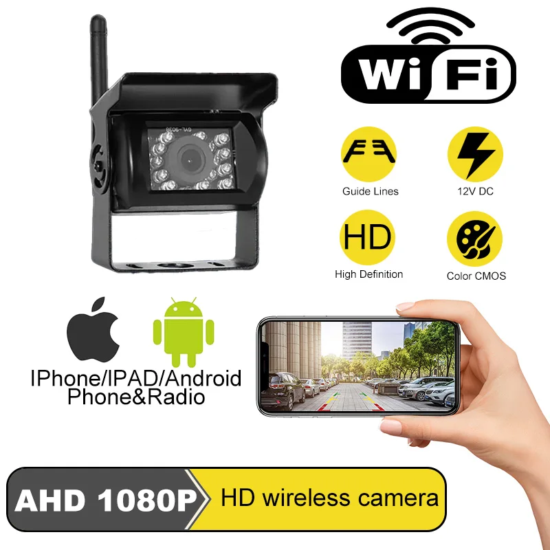 

Беспроводная камера заднего вида WiFi HD 1080P с защитой IP67, ночным видением ИК и монитором для грузовиков, прицепов, автодомов и крупногабаритного транспорта