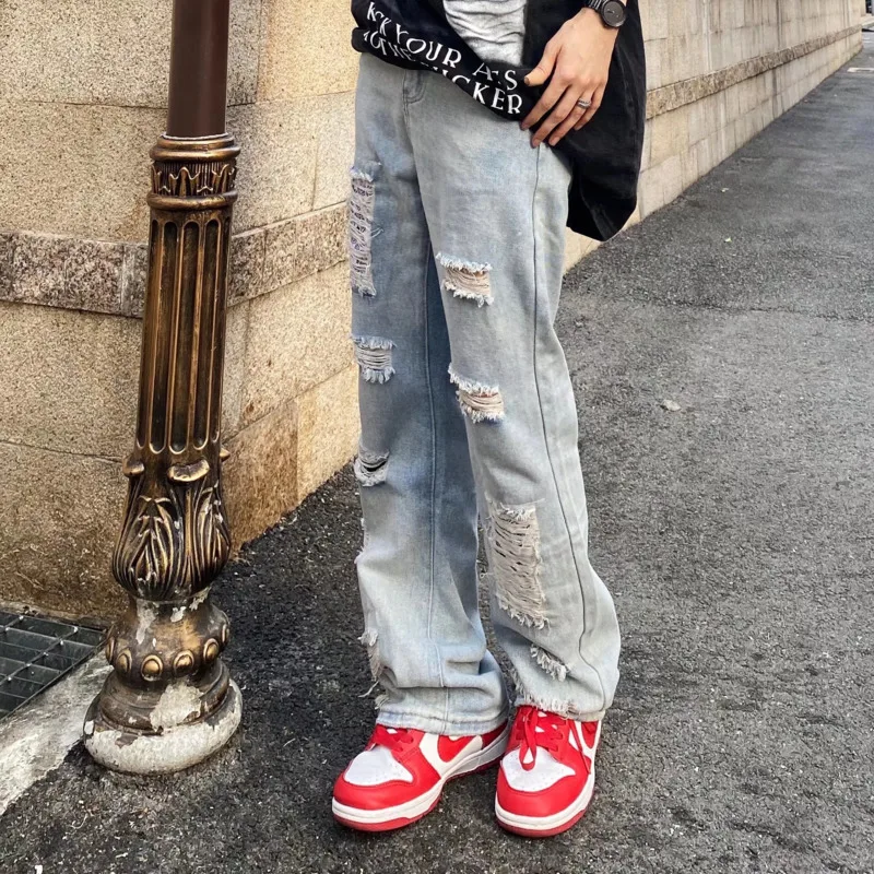 Summer Blue Ripped Baggy Jeans Men Fashion Casual Straight Jeans Mens Japanese Streetwear Loose Hip Hop Hole Denim Pants Men