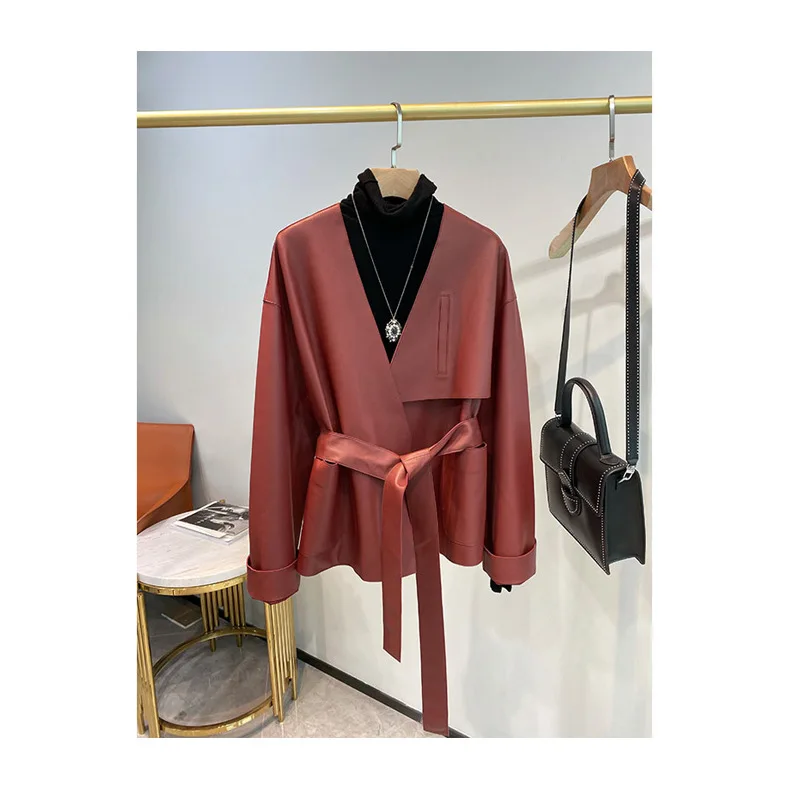 Autumn  Winter 2022 Fuax  Leather Formal Office Lady Suit  French Casual Short Leather Women  red Suede Belt Clothes for Women