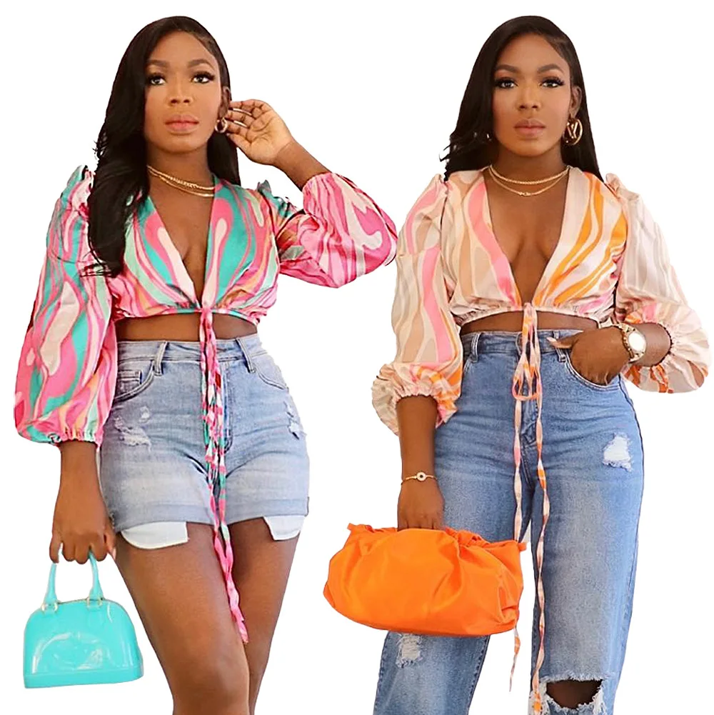 

Woman lantern sleeve Crop T-shirt Stripes Printed V Neck Bandage Crop T-shirt S-XL 2Color