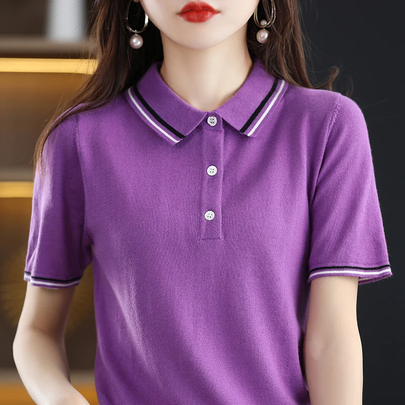 

Spring \Summer Women Polo Neck Cashmere Wool Knitted Pullovers Short Sleeve Temperament Fashion Lapel Knitwear Loose Casual Tops
