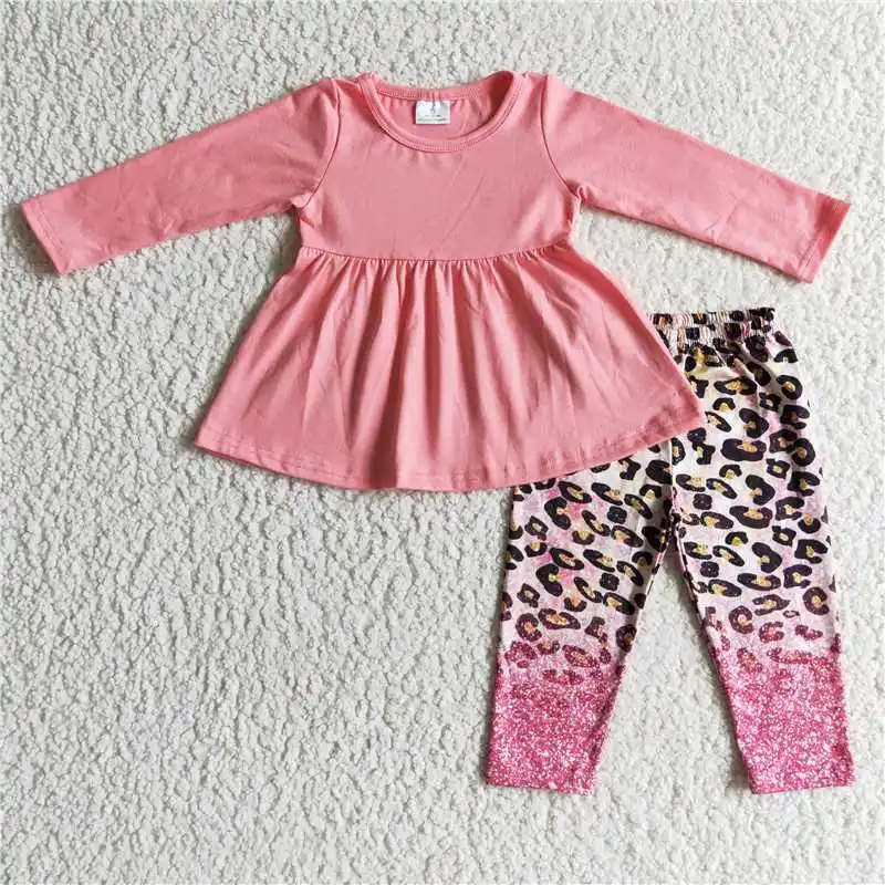 

New Fashion Boutique RST Girl Clothes Pink Long Sleeve Top And Gradient Leopard Pants Set Children Girl Casual Winter Outfits