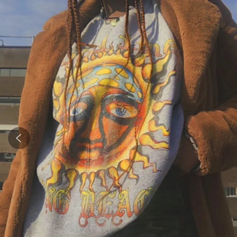 Хлопковая винтажная Толстовка с принтом повседневный Свободный свитшот круглым