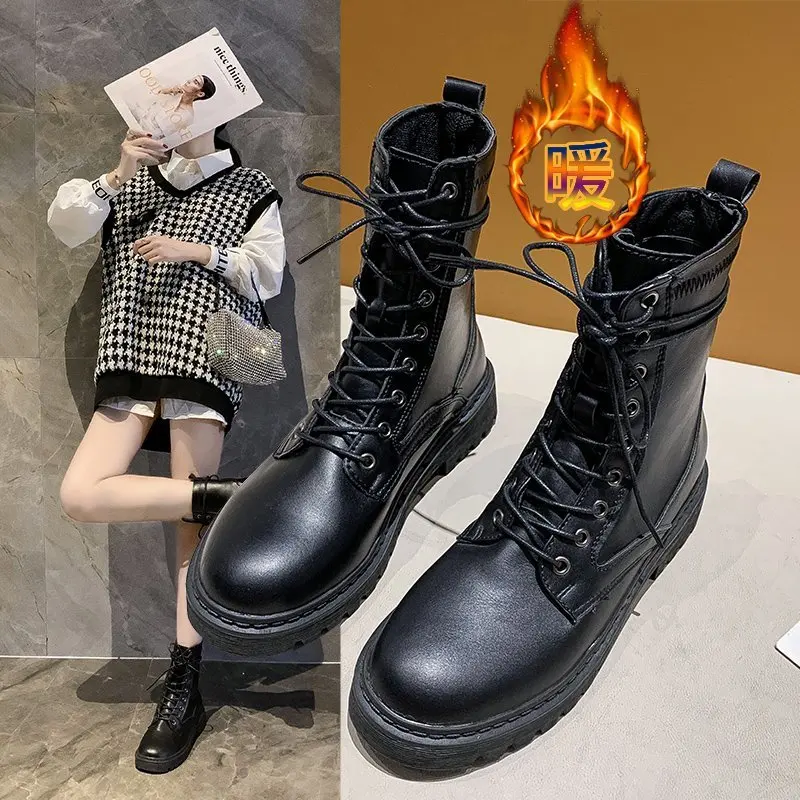 

Ботильоны женские черные из искусственной кожи, на шнуровке, с круглым носком, модные мотоциклетные ботинки на платформе, Осень-зима