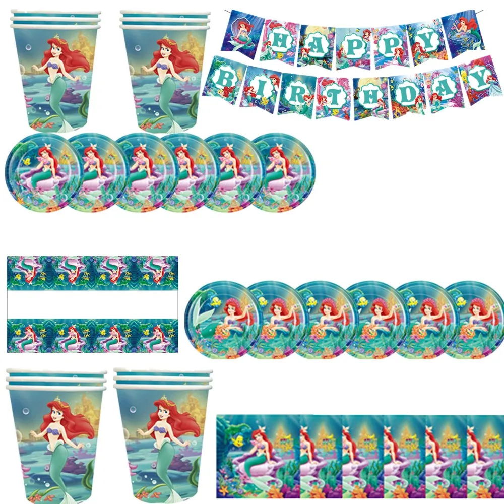 

1set The Little Mermaid Ariel Princess Girls Birthday Party Decorations Tableware Plate Cup Napkin Tablecloth Party Supplies