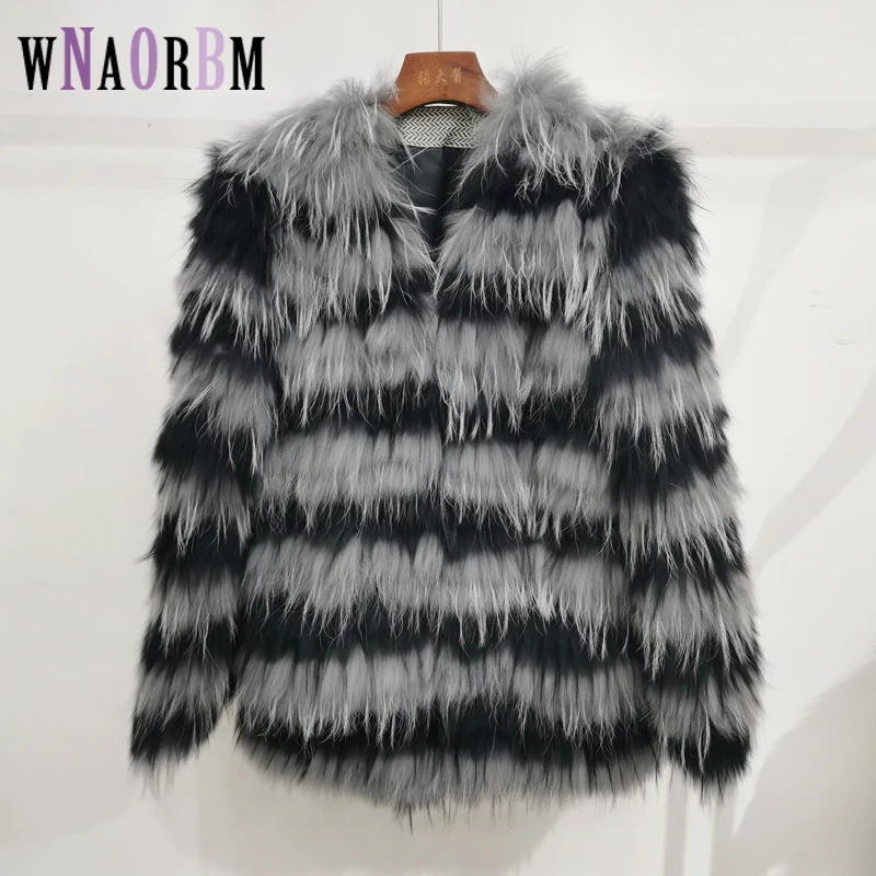 100% True Fox Fur Coat Women's Winter Stripes Light Luxury Thin V-neck True Fur Coat Length 70cm Casual Coat