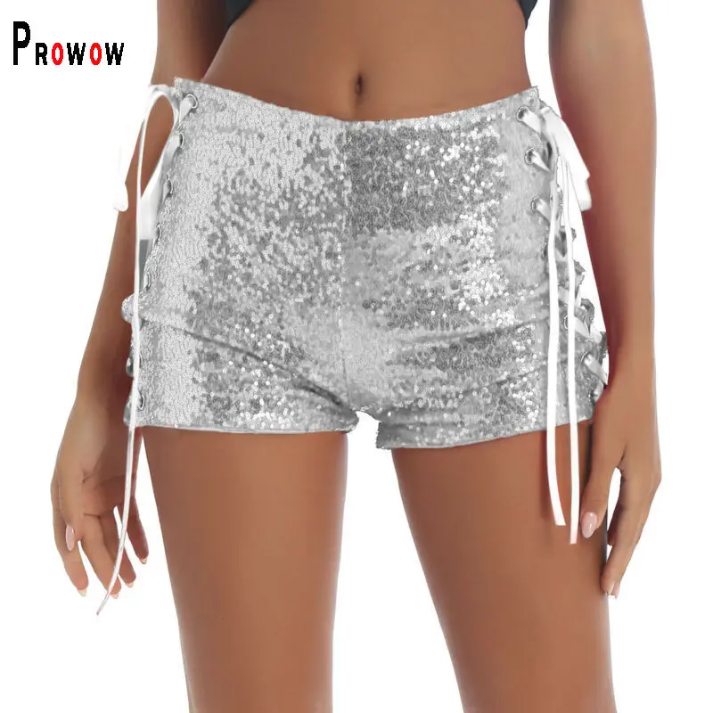 

Prowow Sexy Women Shorts Fashion Sequined Party Nightclub Wear 2022 New Summer Bandage Short Pant Hollow Out Trousers