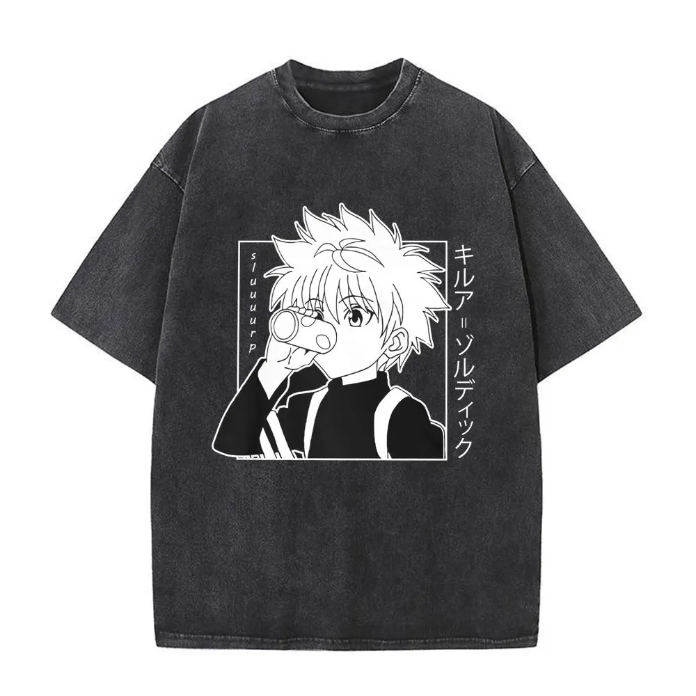

Anime Hunter X Hunter Washed T-shirt Men Women Cartoon Killua Zoldyck Graphic T-shirts Wash Black Tees Tops Oversized Streetwear