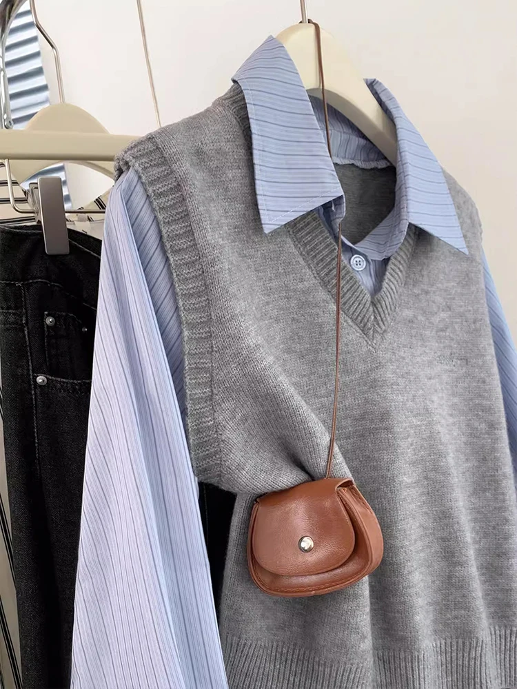 Сращенный поддельный Трикотажный жилет из двух частей топы осенний Новый Модный