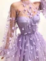 elegant lilac floral see through prom birthday dresses 2022 long puffy sleeve party evening gown new robe de soiree