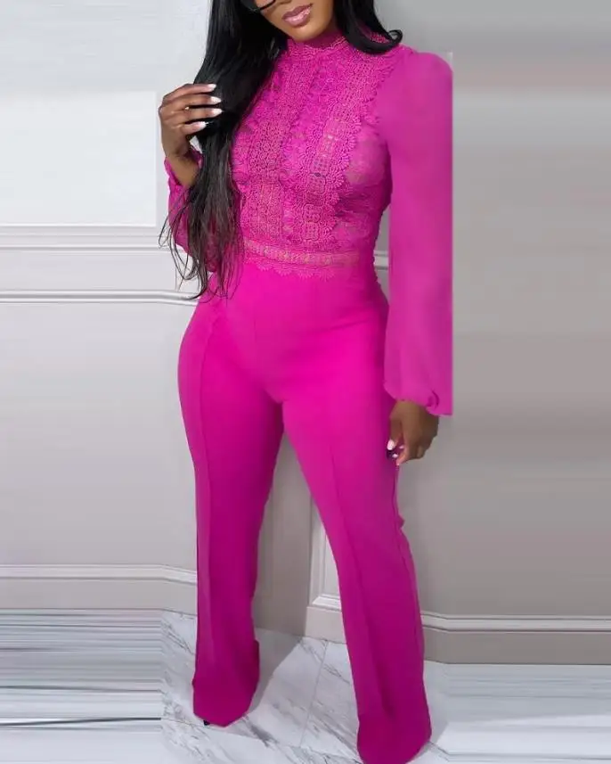 Women's Jumpsuit Fashion Spring Style Elegant Contrast Lace Long-Sleeved Jumpsuit Casual High Street Loose Wide Leg Pants Suit