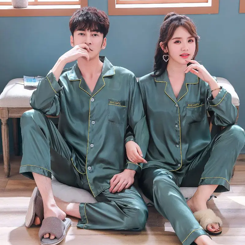 1 Spring couple silk long sleeve pajamas woman solid color ice silk autumn style home wear cardigan men's suit