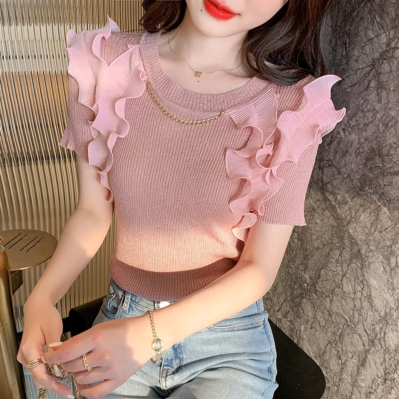 

Новинка лета 2022, приталенный Модный вязаный пуловер с коротким рукавом для девушек, куртка с коротким рукавом 665 г, 327-12