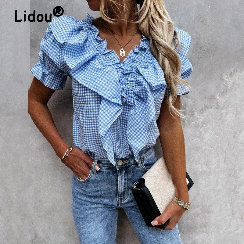 Женская Повседневная рубашка с коротким рукавом облегающая блузка в клетку