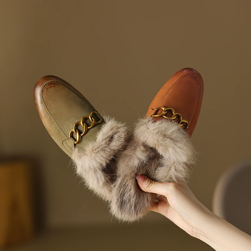 MythLuo Mules for Women Flat Slippers Shoes Sheepskin With Rabit Fur Low Heel Slip-on Loafer Slingback Backless Shoes Retro