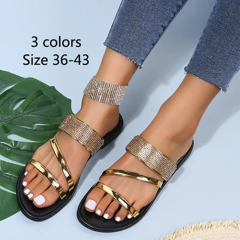 Summer Women shoes Fashion Gold Silver Patent Leather Flat Heel Slippers Bling Rhinestone Narrow Band Beach Casual Sandals 36-43