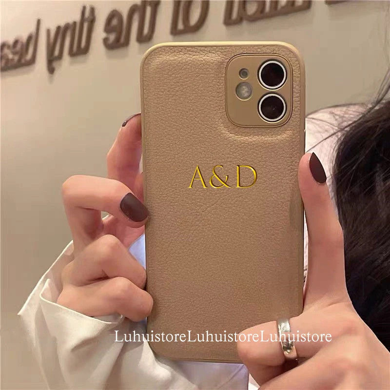 

Custom Initial Name Artistic font Pebble Leather Phone Case For iPhone 11 12 13 Pro X XR XS Max 7 8P Personalization Phone Cover