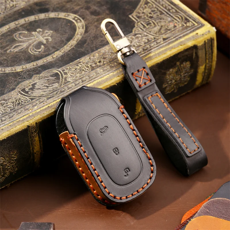 

Luxury Crazy Horse Leather Car Key Cover Case Keyring Protective Bag for Leading Ideal One Li Auto L9 Fob Protector Keychain