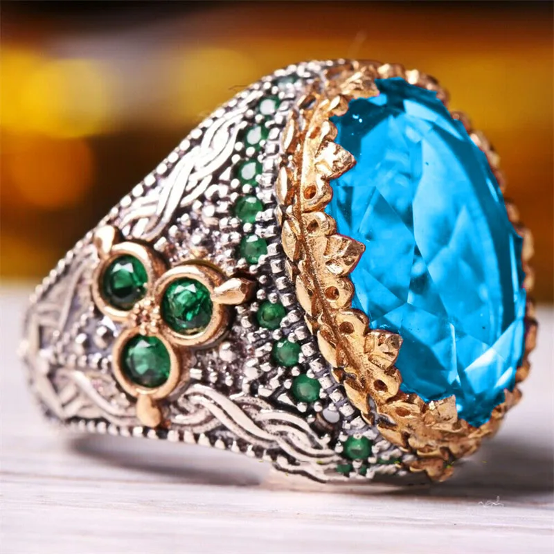 

Inlaid large blue crystal jewelry gemstone luxury ring personality retro ring to attend the banquet men's party fashion jewelry