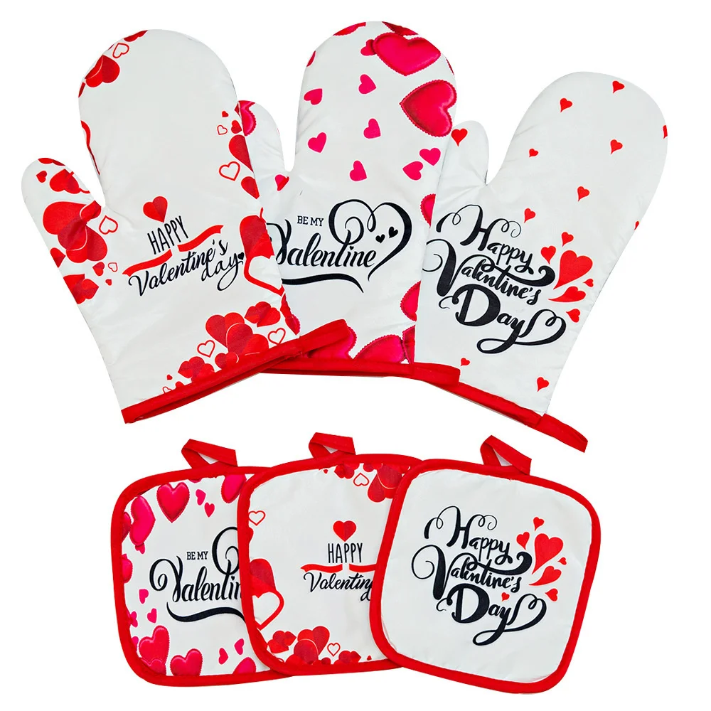 Valentine's Day Heart Print Oven Mitt Glove Pad BBQ Microwave Anti-Hot Insulation Mat Red Kitchen Baking Tools Accessories Decor images - 6