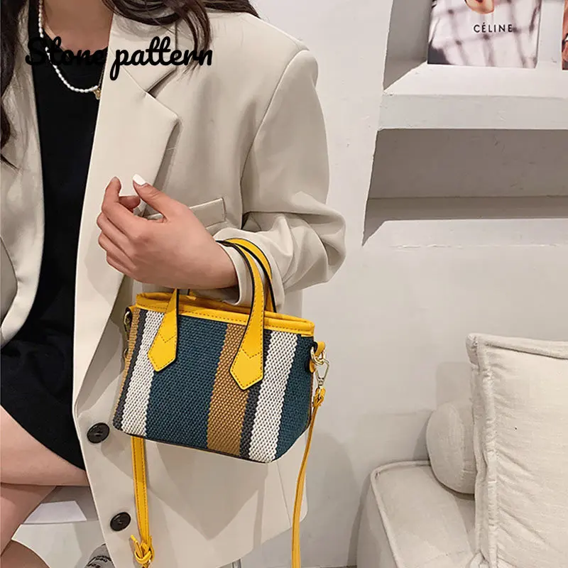 Weave Stitching Handbag for Women 2022 New Fashion Color Contrast Small Square Bucket Bags Female Shoulder Crossbody Bag Tote