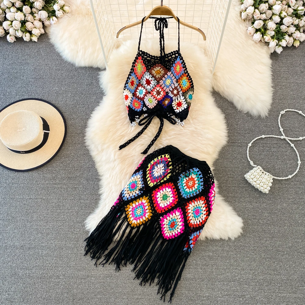 

[Halter Camis + Midi Long Skirt] two piece set women outfit 2023 beach knit matching sets knitted clothing suit summer crop top