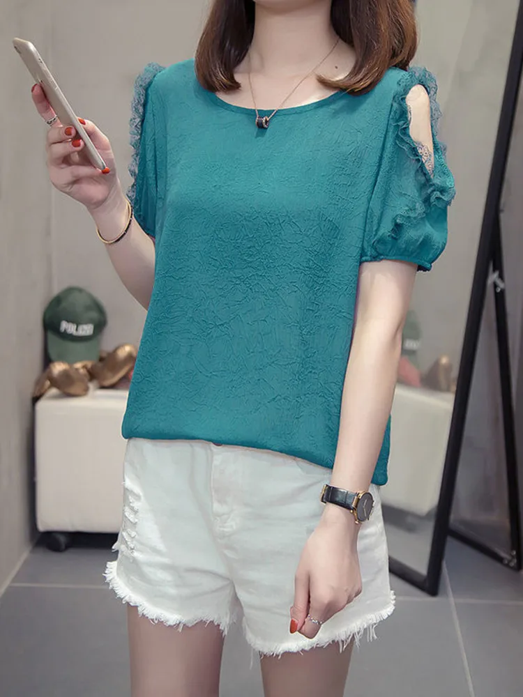

Oversized Off Shoulder Lace Trim Shirts Women Summer New Korean Short Sleeve Shirring Large Blouses Tie Up Sweet Fashion Tops
