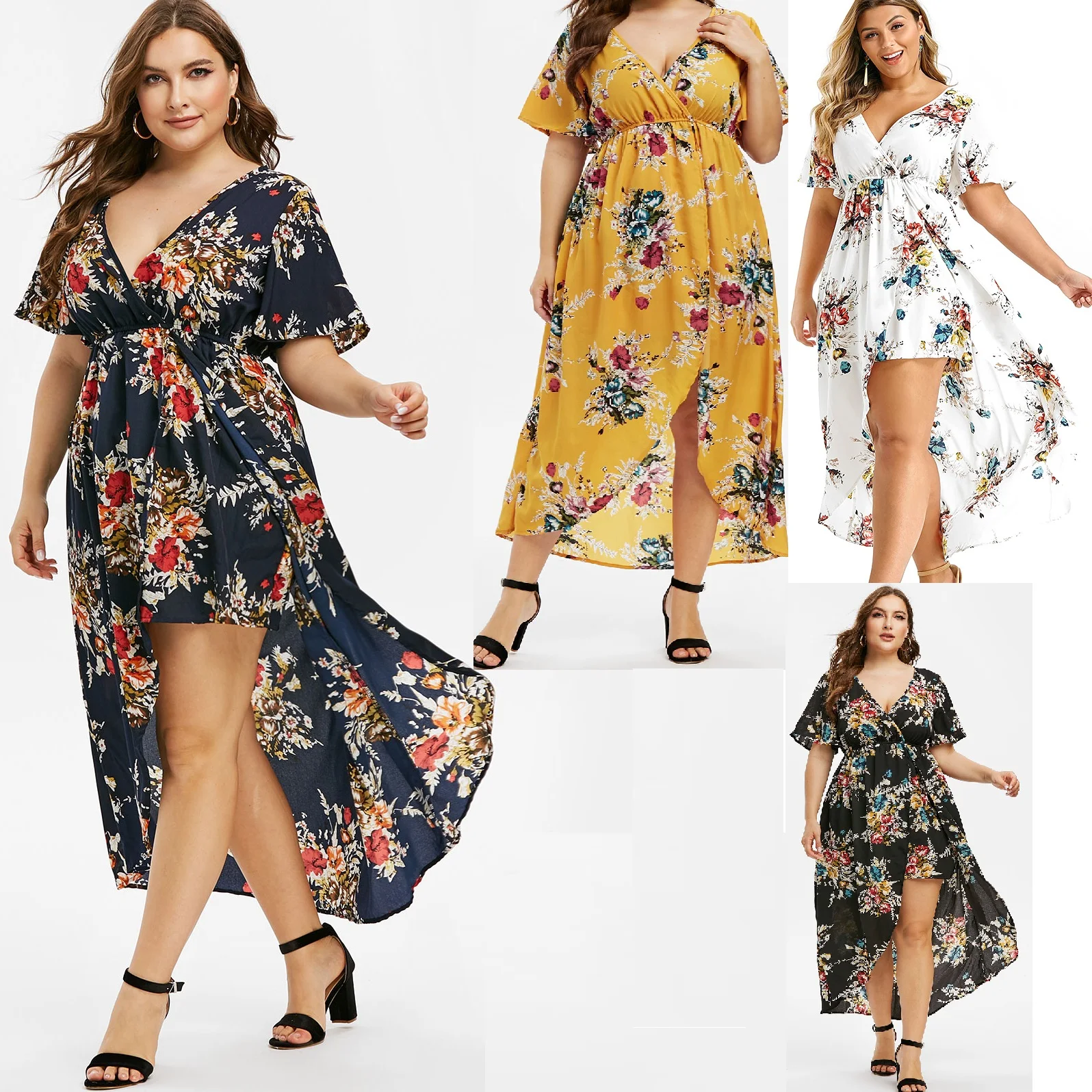 

2022 New Summer Flowing Dresses High Low Sexy V-Neck Party Vacation Maxi Robe Aesthetic Ladies Dress Four Colors L-5XL