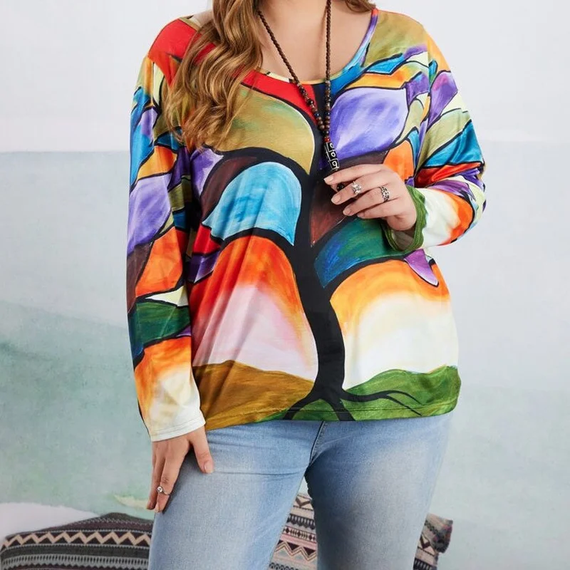 Women Fashion Loose Casual Long Sleeve Floral Print Round Neck Spring and Autumn Plus Size Tops Plus Scoop Neck Graphic T-Shirts