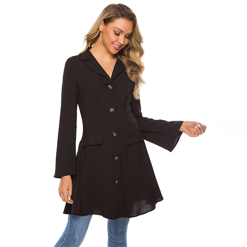 

Solid Color Turn Down Collar A Line Single Breasted Outerwear Female Spring Autumn Women Trench V Neck Flare Sleeve Coats