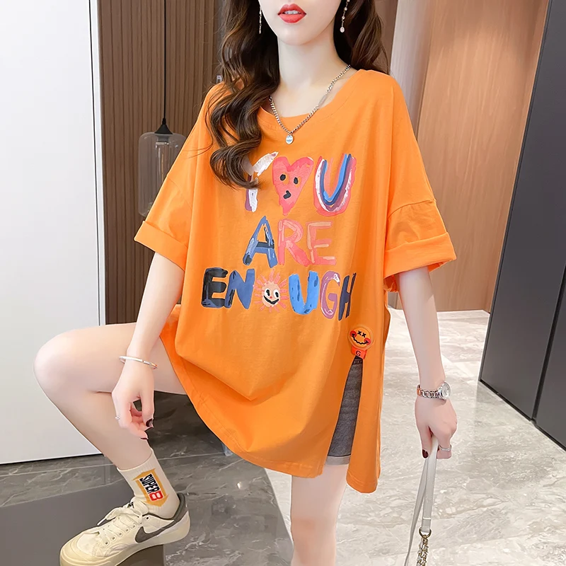 

Korean Style Mid-length Irregular T-shirt Letter Printed Harajuku Shirts Kawaii Loose Women Fashion Tops Graphic Tees