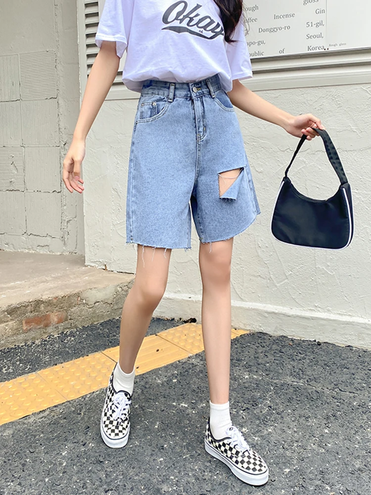 New Spring Summer Women Hole Wide Leg Blue Denim Shorts Casual Female Loose High Waist Jeans Shorts Ladies Bottoms