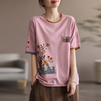 pure cotton embroidered short sleeved t shirt womens 2022 summer new literary retro patch embroidery loose thin tees