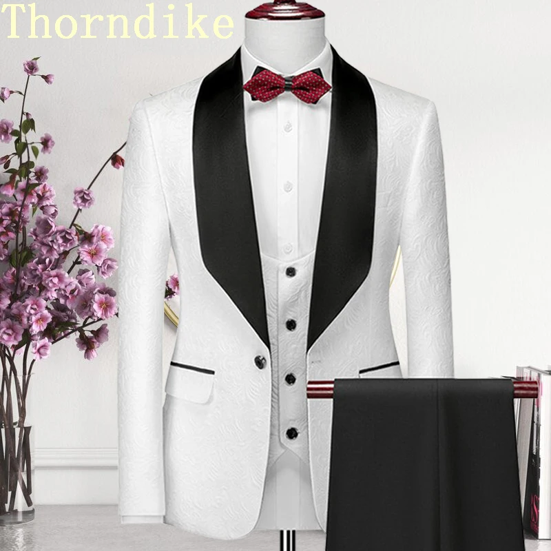 

Thorndike Mens Wedding Suits White Jacquard With Black Satin Collar Tuxedo3 Pcs Groom Terno Suits For Men（Jacket+Vest+Pants）