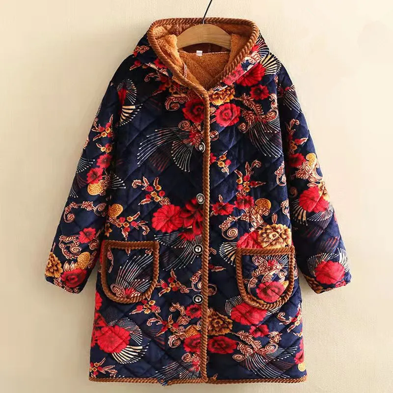 Enlarge Abrigos Mujer Invierno 2022 Thicken Warm Grandma Winter Jacket Print Hooded Velvet Women Parkas Middle Aged Mother Mid-Long Coat