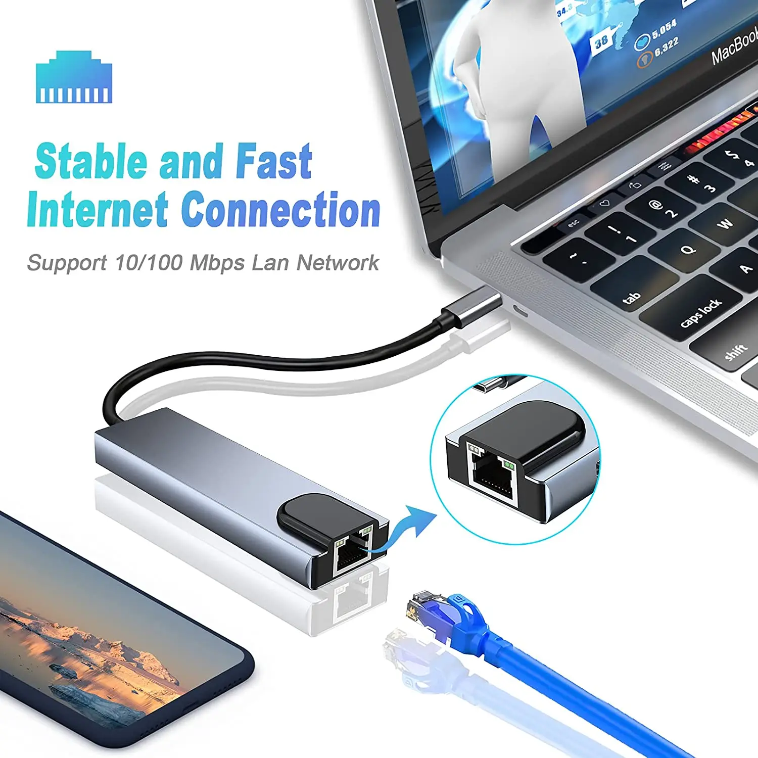 5 In 1 USB C Hub To Rj45 Ethernet Lan Type C Hub Adapter with 4K HDMI Thunderbolt 3 USB-C 100W PD Charger for Mac Book Pro/Air enlarge