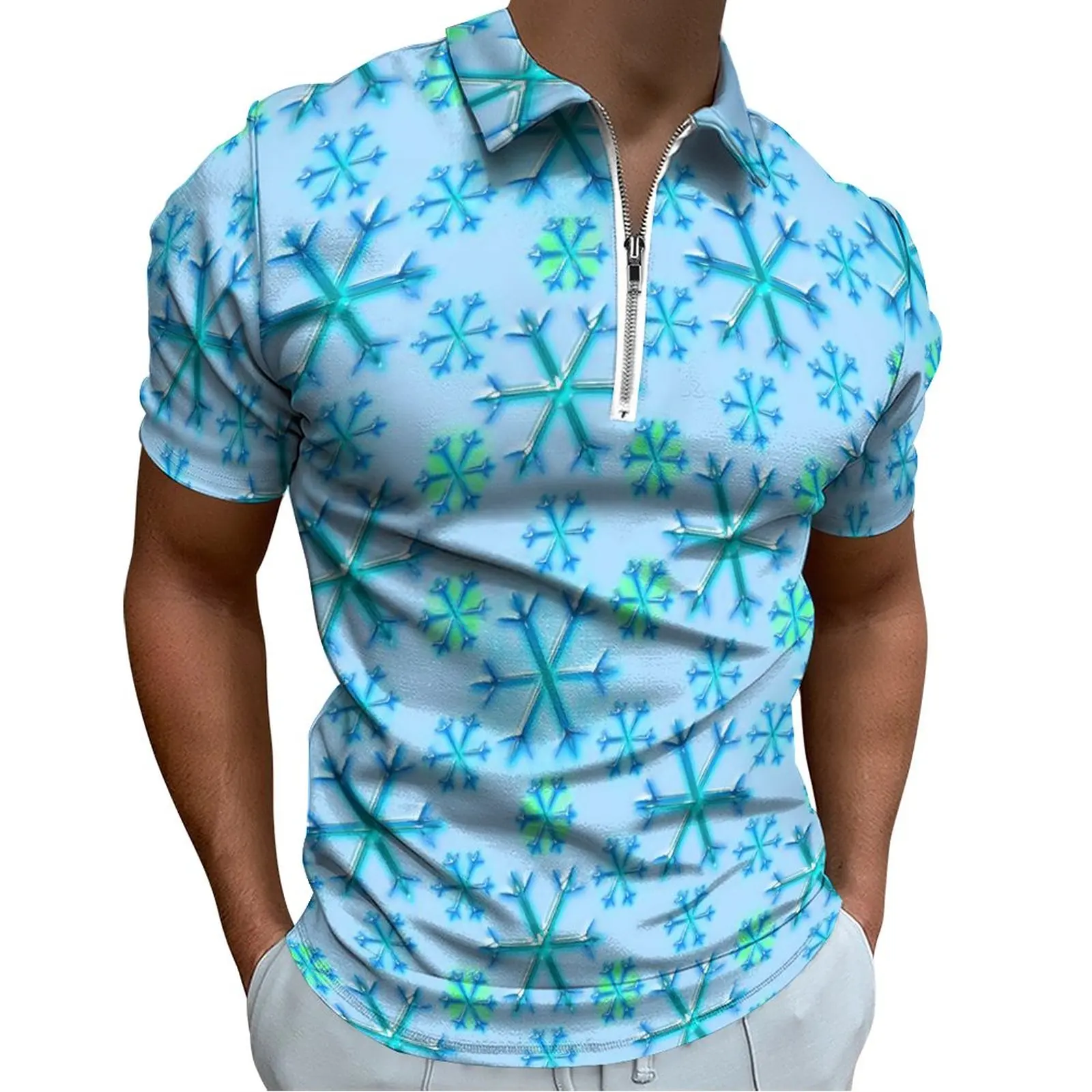 

Рубашка-поло мужская с принтом снежинок, Повседневная футболка на молнии, с коротким рукавом, с графическим принтом, в стиле оверсайз, голубая и белая