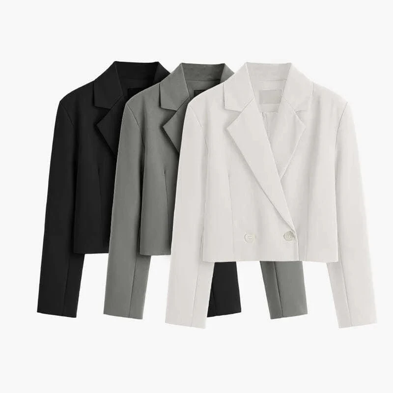 

Fashion Women Short Blazer Korean Office Work Notched Collar Jacket Ladies Solid Long Sleeve Double Breasted Blazers
