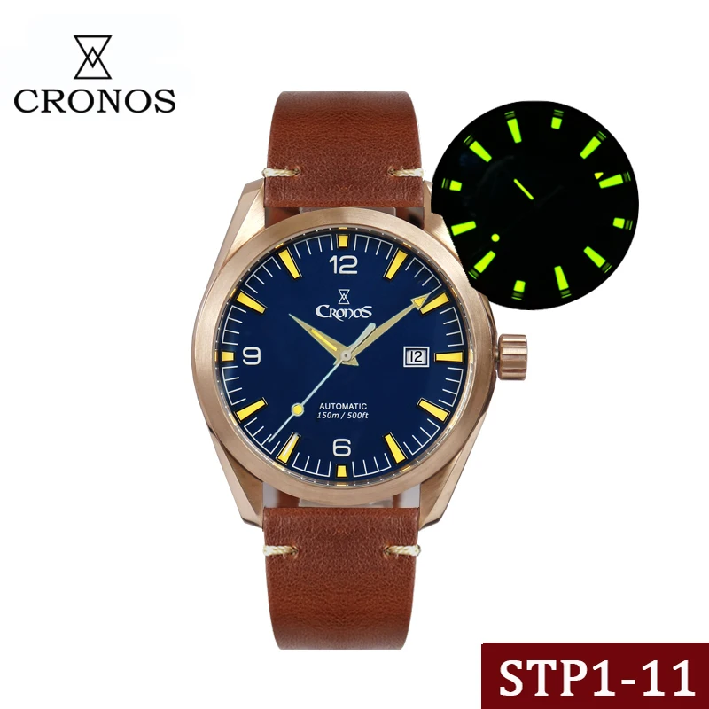 

Cronos Men Watch Bronze CuSn8 STP1-11 Automatic Mechanical Watches Sapphire Crystal Leather Strap Super Luminous reloj de hombre