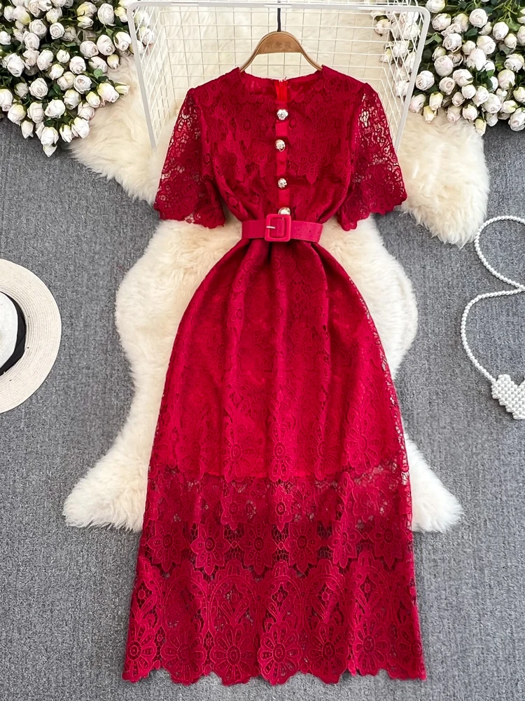 

Женское винтажное ажурное длинное платье Вечерние Элегантное однобортное праздничное платье с круглым вырезом, коротким рукавом и высокой...