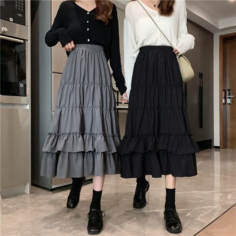 Fashion Women Long A-line Skirt Female Autumn Winter Ruffles Mid-Calf High Waist Pleated Skirts Womens Sun School Skirt