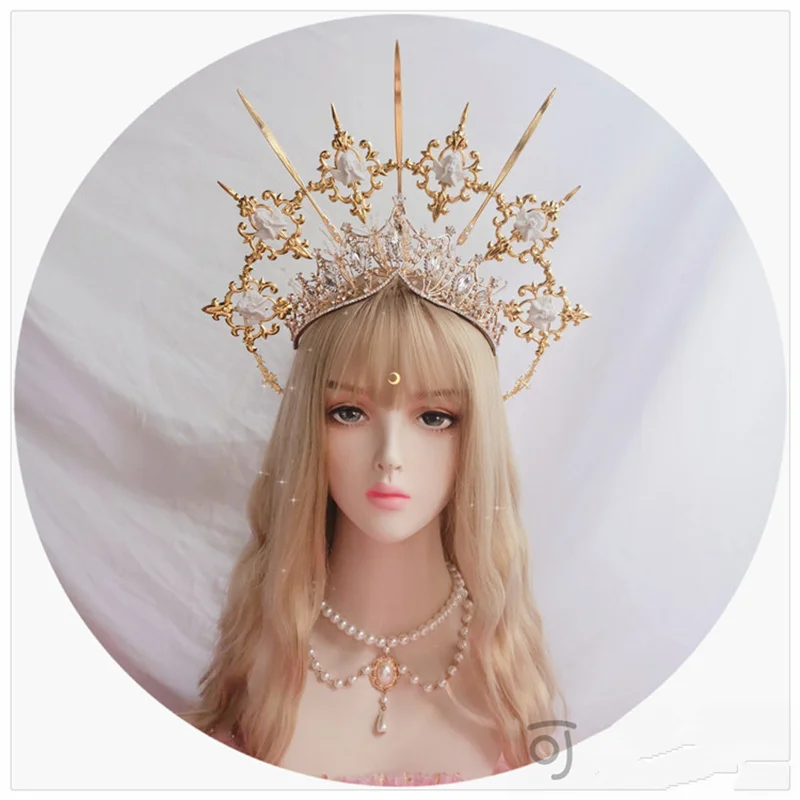 

Lolita Vintage KC Headband Angel Gold Halo Goddess Headpiece Virgin Mary Halo Bride Crown Bead Chain Baroque Tiara Headwear