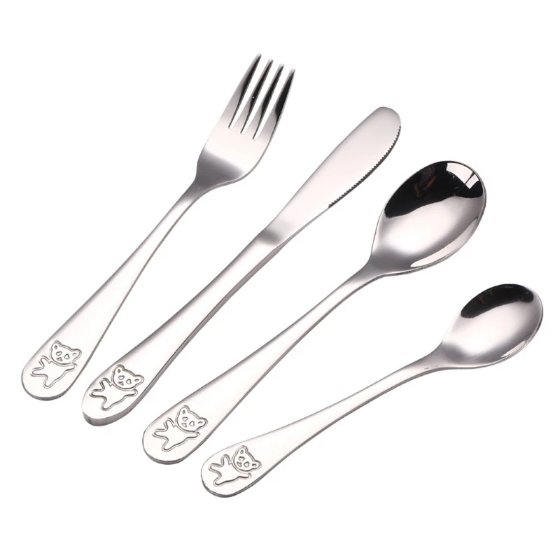 

4 Pcs/set Baby Teaspoon Spoon Food Feeding Fork Knife Utensils Set G2AE