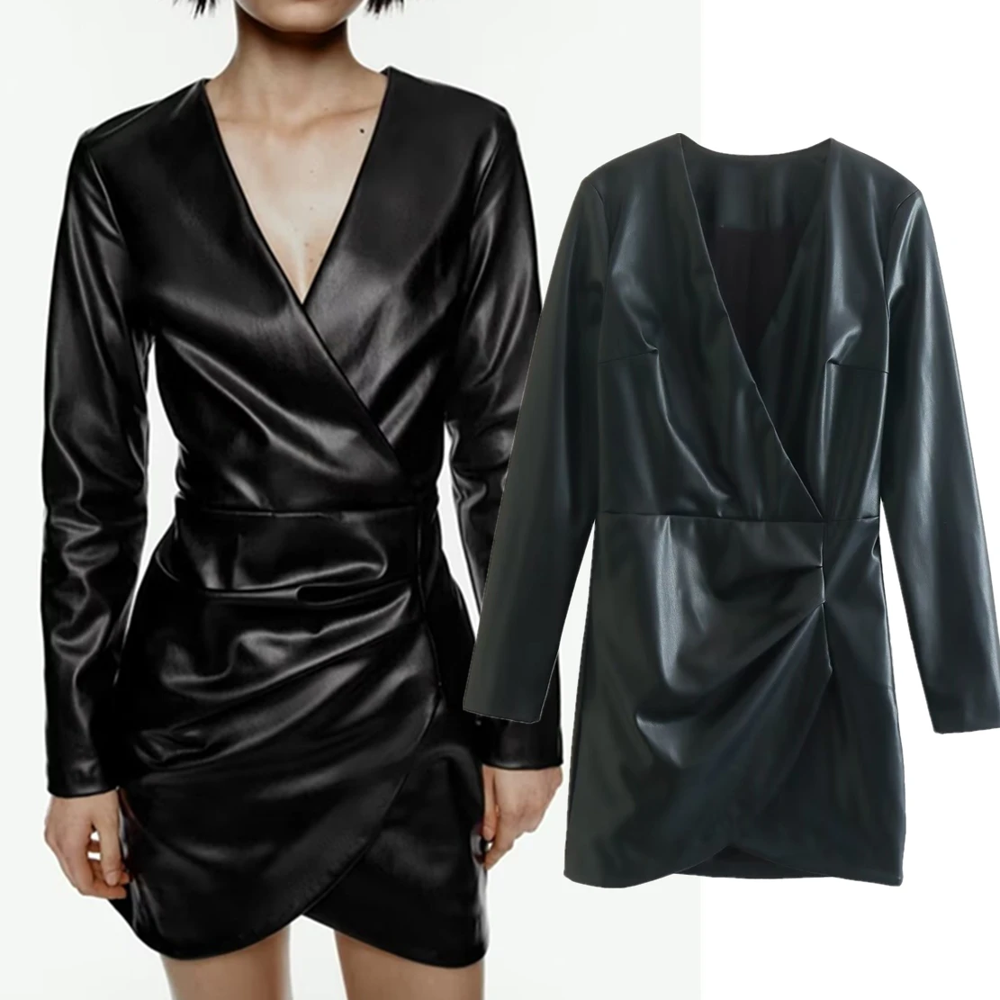 

Elmsk Fashion Sheath Dress Women Pleated Leather Mini Dress